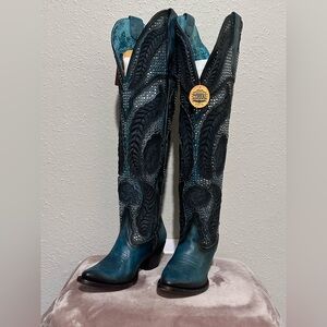 Corral Boots LD Aqua Denim Overlay & Embroidery & Studs.